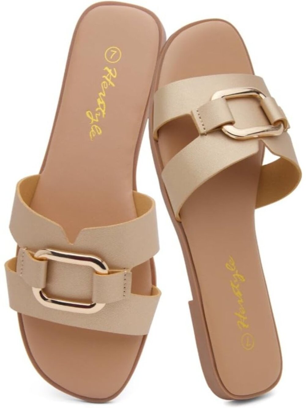 Women’s Light Gold Square Open Toe Slides with Metal Chain Slip On Flat Sandal